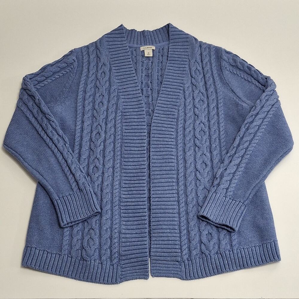 Vtg LL Bean Denim Blue Women's Cotton Cable Knit Open Cardigan Sweater Size M
